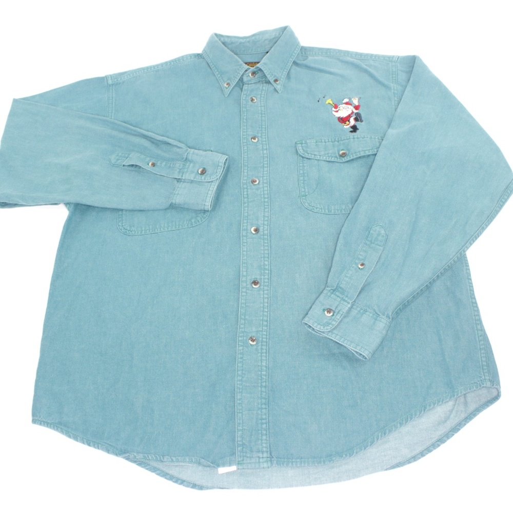 Eddie Bauer Santa Christmas Denim Blue Jean Shirt